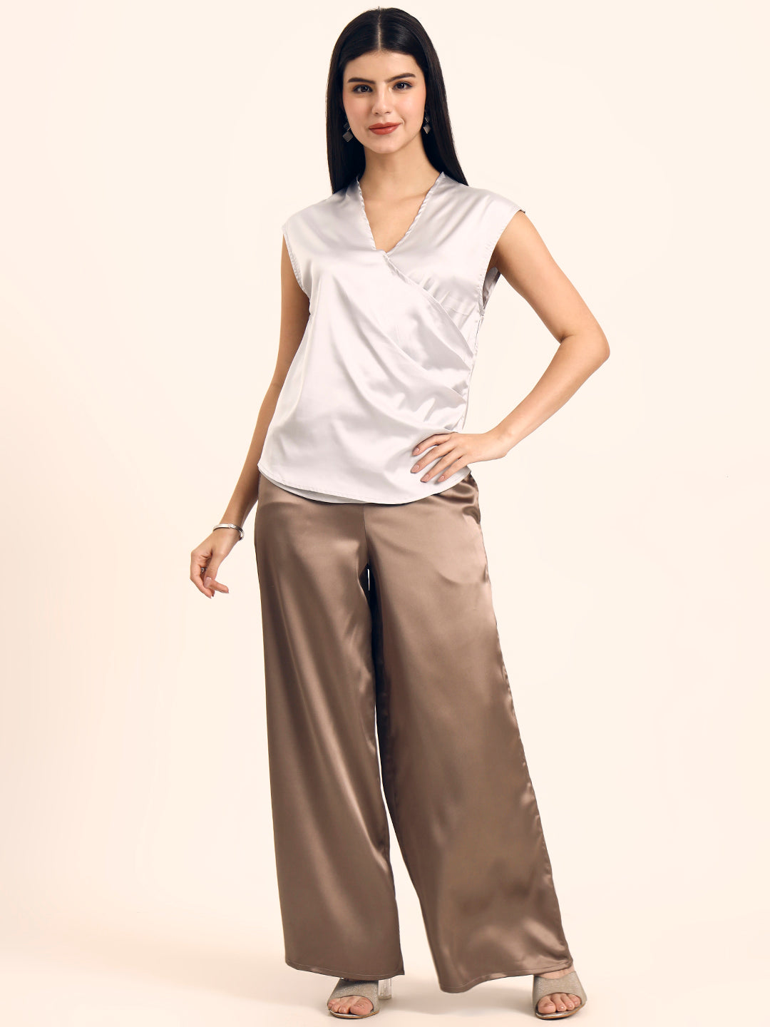 Women's Luxury European Satin V Neck Pleated Sleeveless Top
