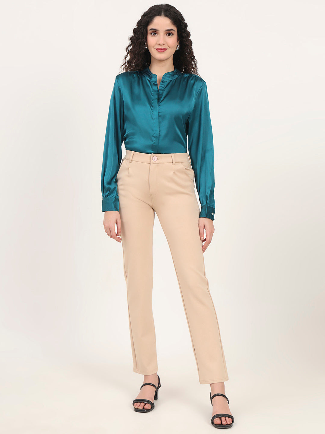 Summer Satin Peacock Mandarin Collar Shirt