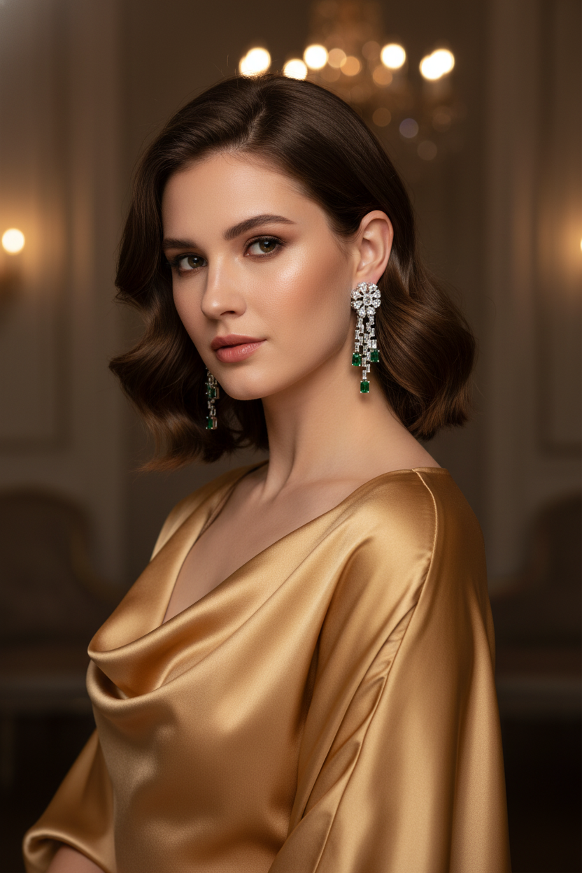 Luxury Silver-Tone Cubic Zirconia Floral Drop Necklace & Emerald Dangle Earrings Set