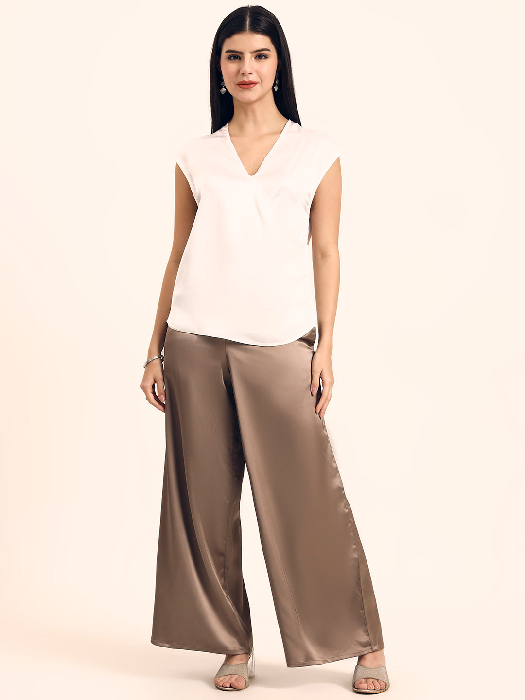 Women's Luxury European Satin V Neck Pleated Sleeveless Top