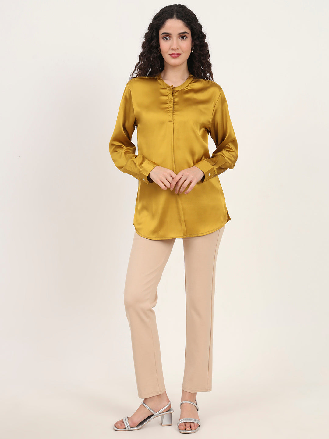 Summer Satin Mettalic Gold Front Pleated Tunic