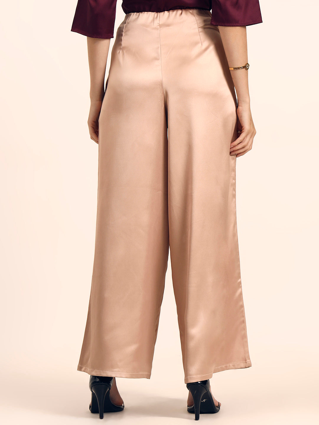 Luxury Satin Wide Leg Pants European Fabric  Rose Sand Glam Look
