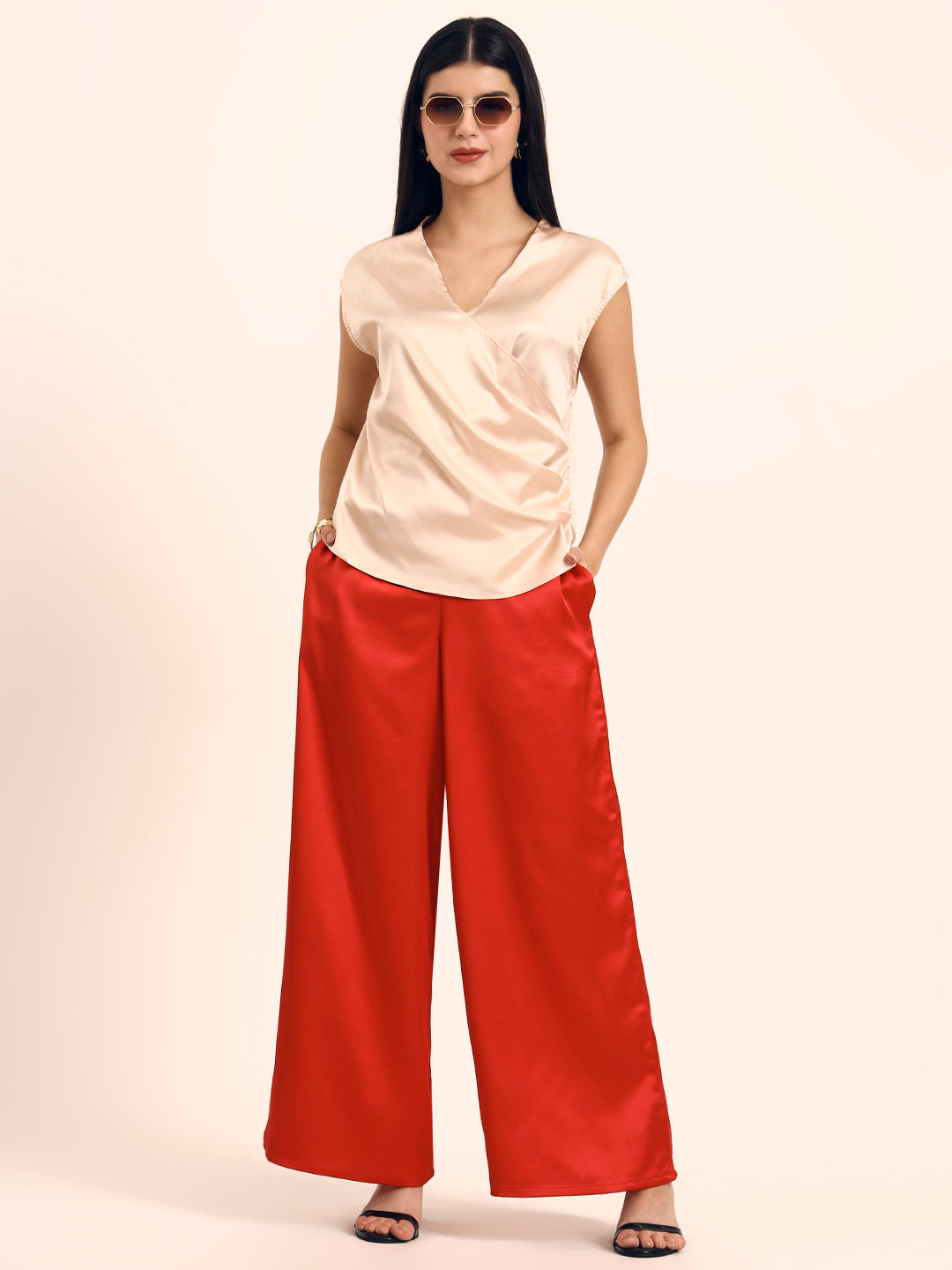 Luxury Satin Wide Leg Pants European Fabric  Red Glam Look