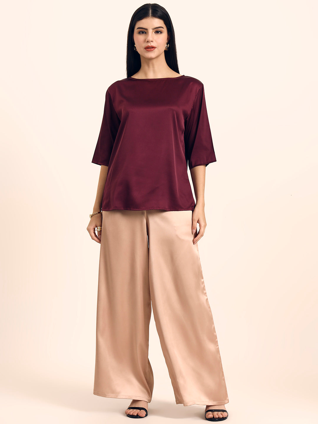 Women's Luxury Elegant Deep Plum European Satin Top