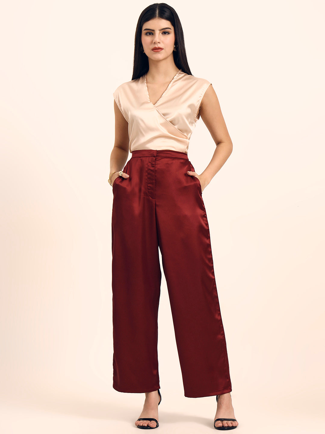 Luxury Satin Wide Leg Pants European Fabric  Wine Red Glam Look