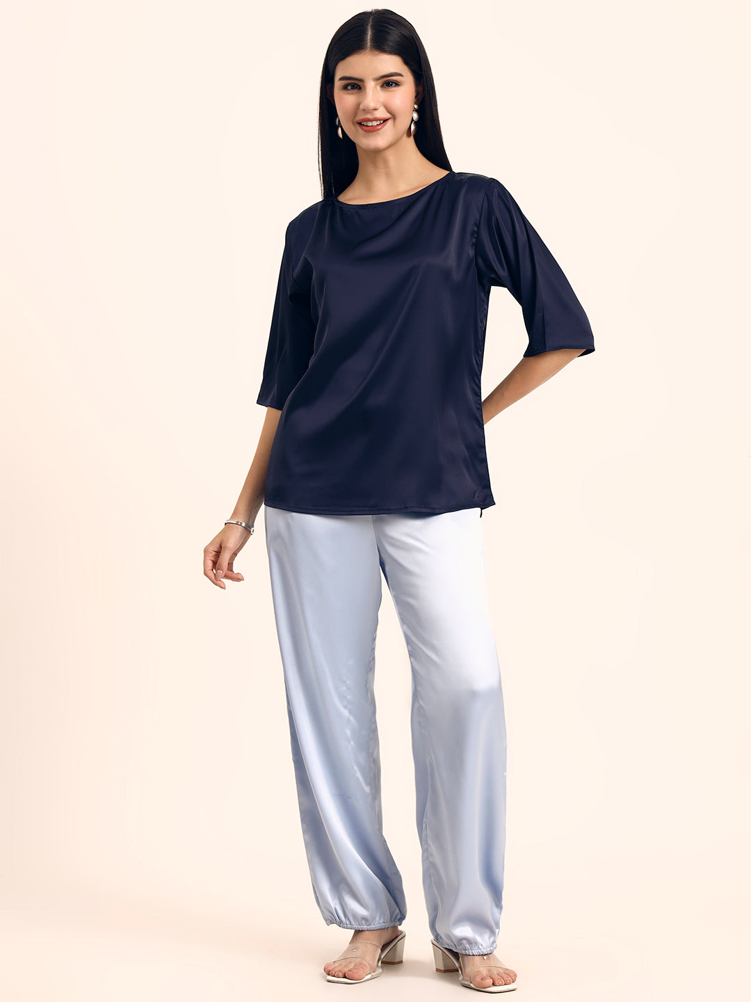 Women's Luxury Elegant Navy European Satin Top