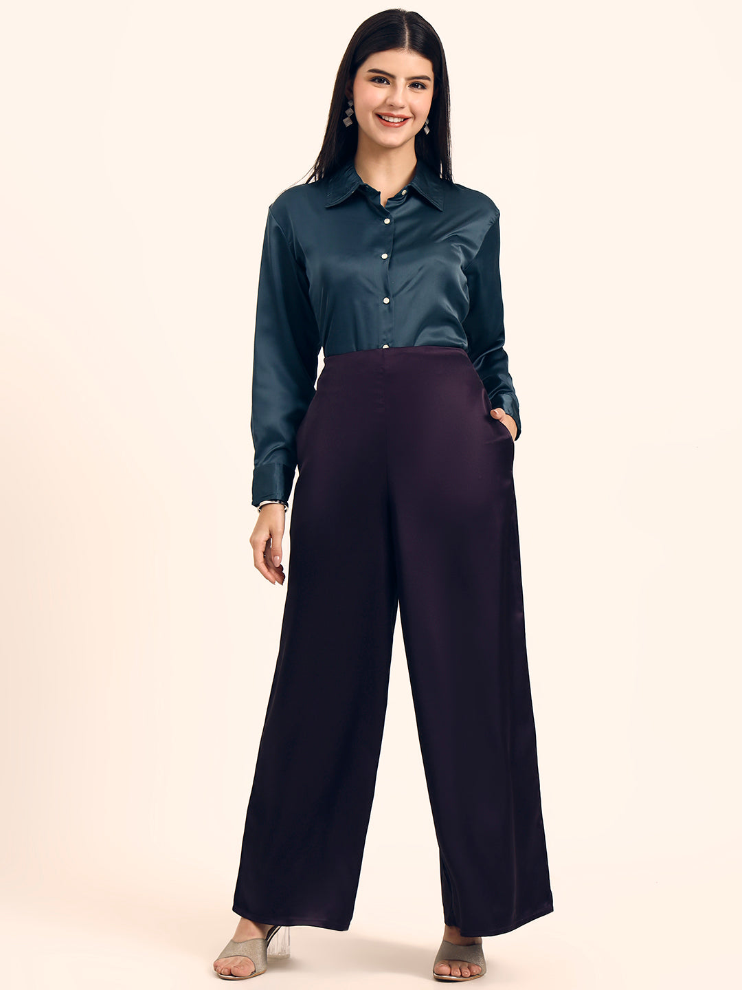 Luxury Satin Wide Leg Pants European Fabric  Plum Wine Glam Look