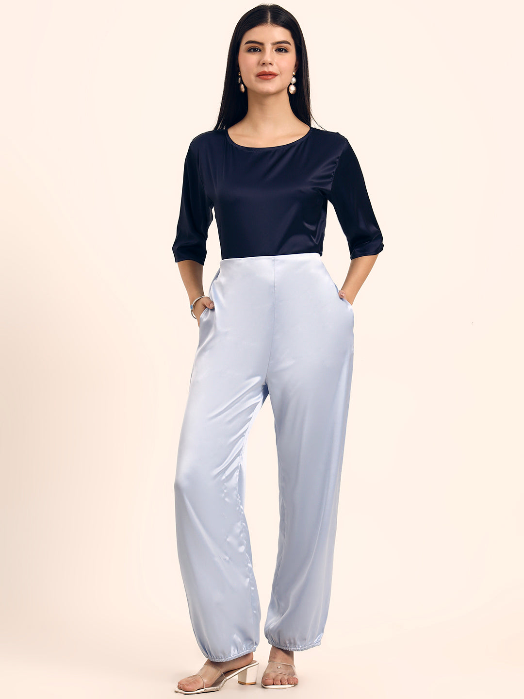 Luxury Satin Wide Leg Pants European Fabric  Ice Blue Glam Look