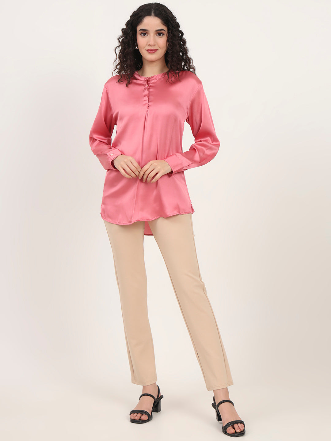 Summer Satin Rose Pink Front Pleated Tunic