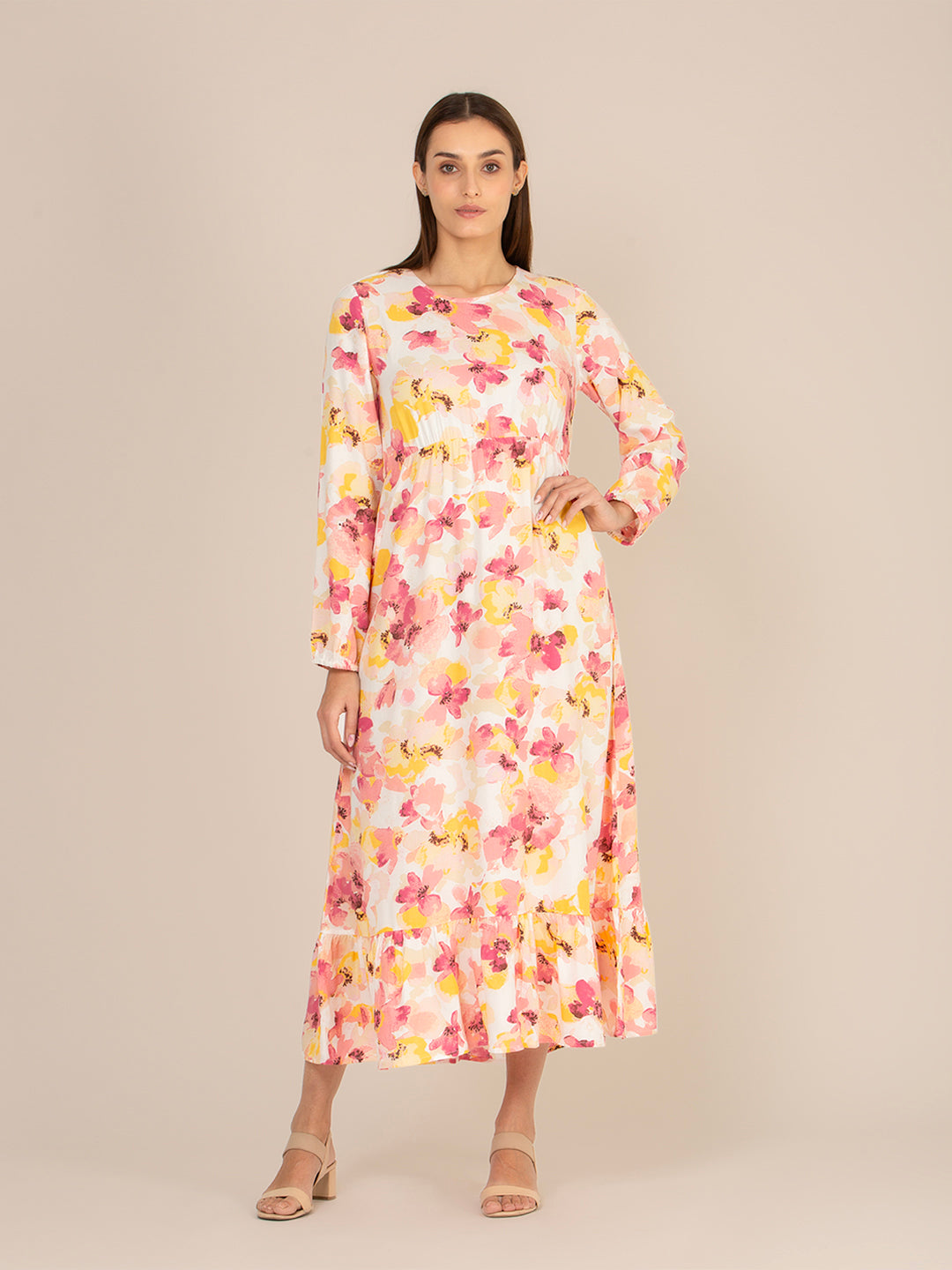 RAYON PRINTED FULL SLEEVE MAXI DRESS