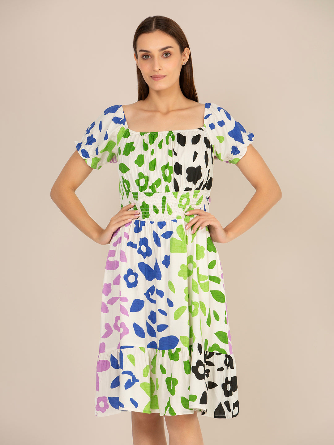 RAYON PRINTED STRIPED SMOCKED MIDI DRESS