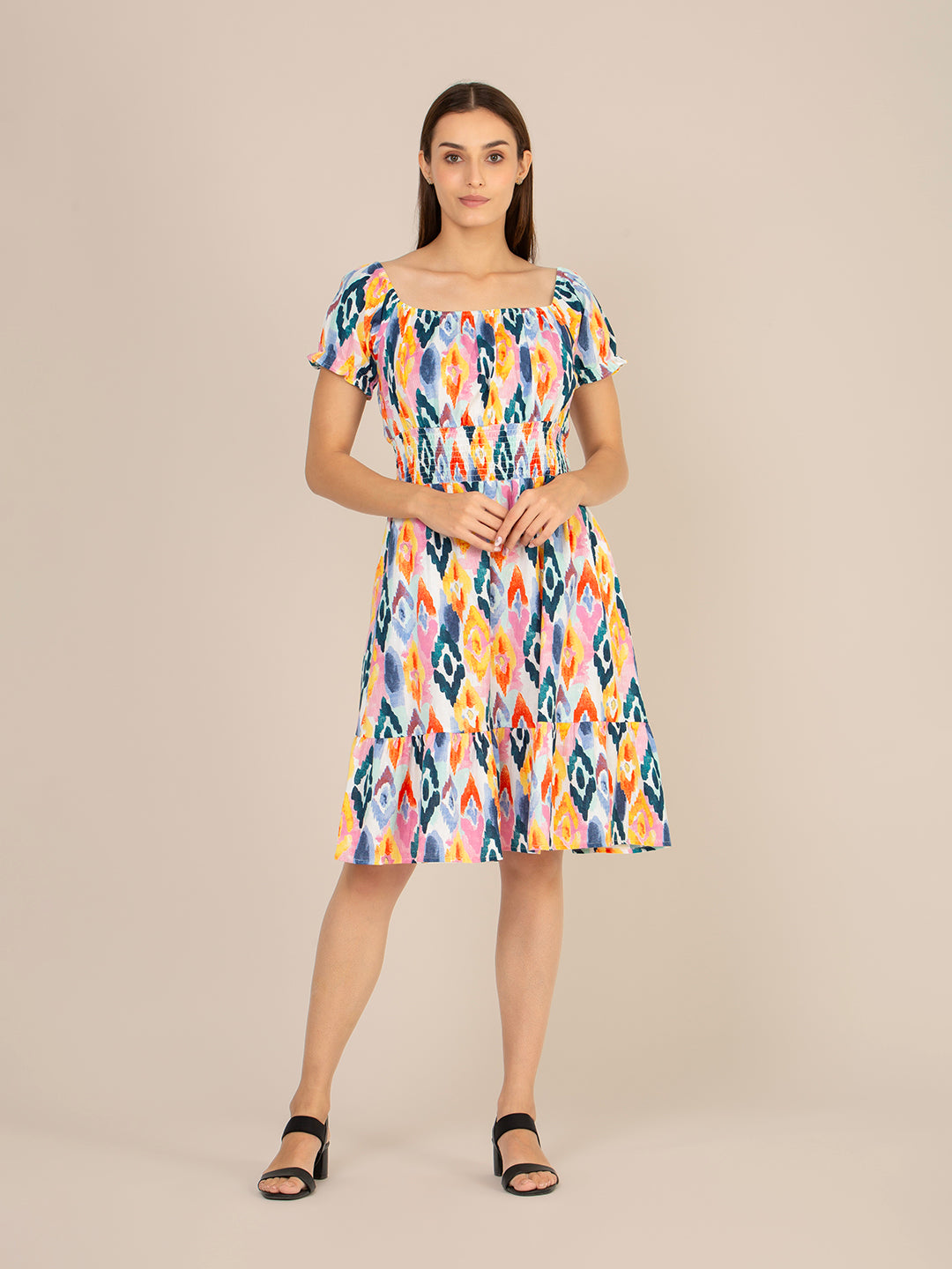 RAYON PRINTED STRIPED SMOCKED MIDI DRESS