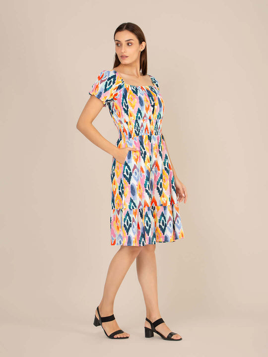 Rayon Printed Striped Smocked Midi Dress