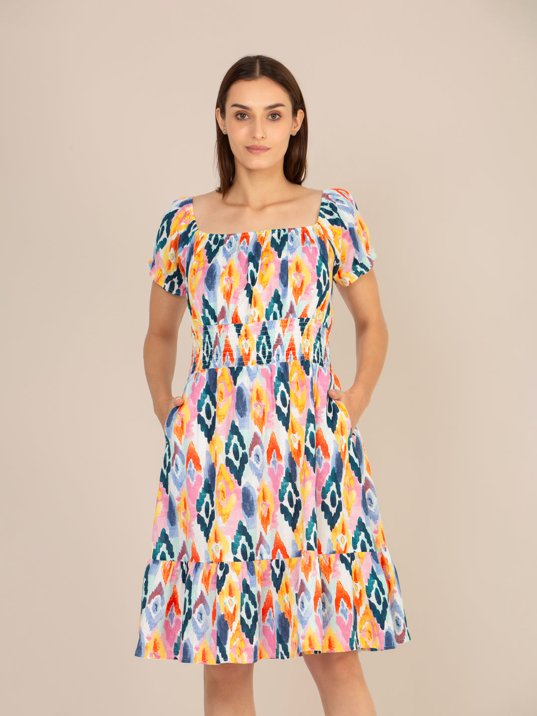 RAYON PRINTED STRIPED SMOCKED MIDI DRESS