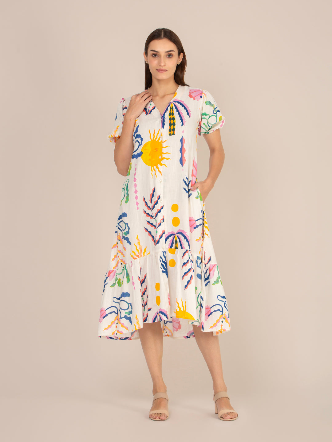 RAYON PRINTED PUFF SLEEVE A LINE FRONT BUTTON MAXI DRESS