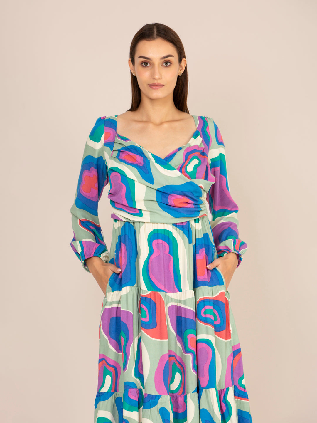 RAYON PRINTED A LINE FULL SLEEVE MAXI DRESS