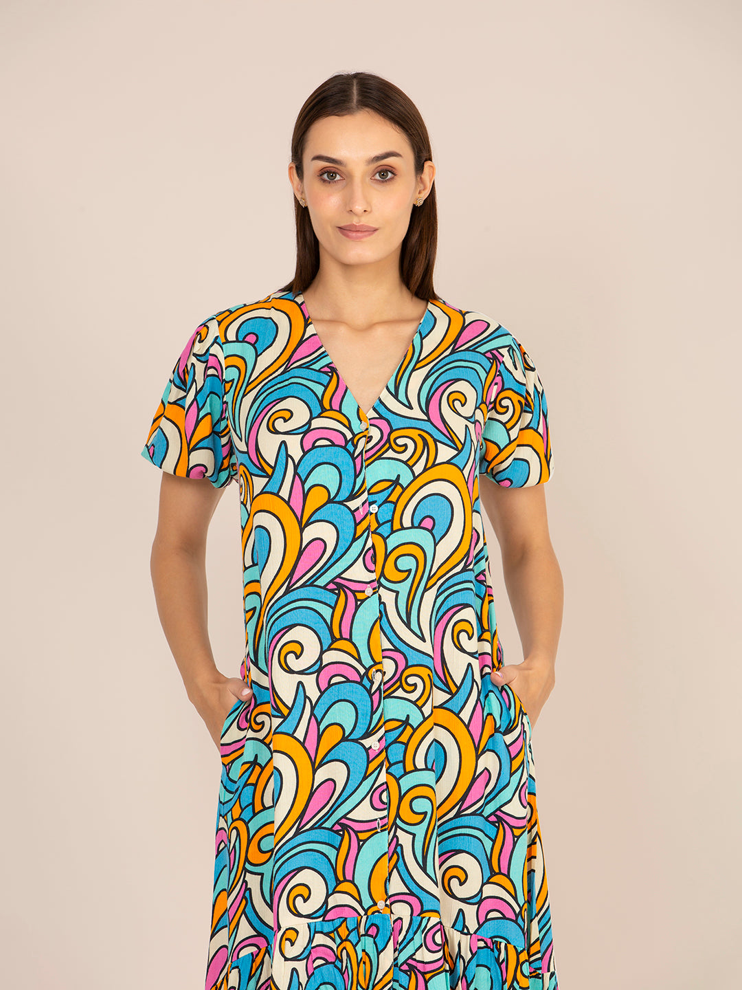 RAYON PRINTED PUFF SLEEVE A LINE FRONT BUTTON MAXI DRESS