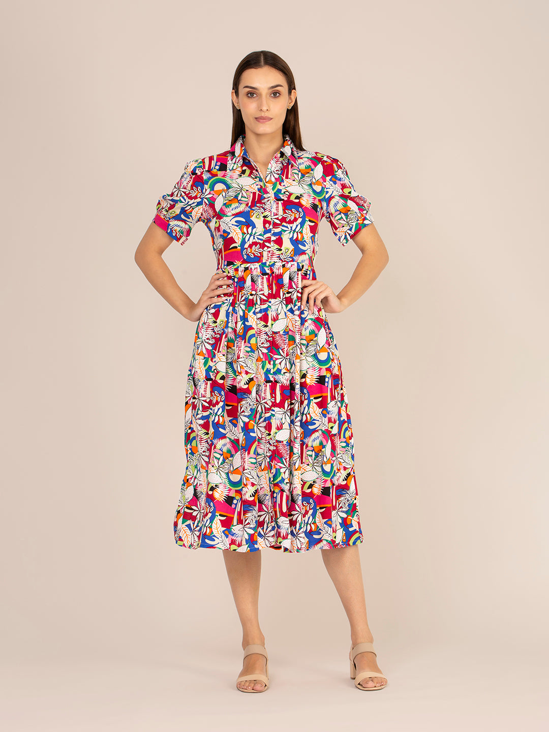 RAYON PRINTED PUFF SLEEVE A LINE SHIRT DRESS