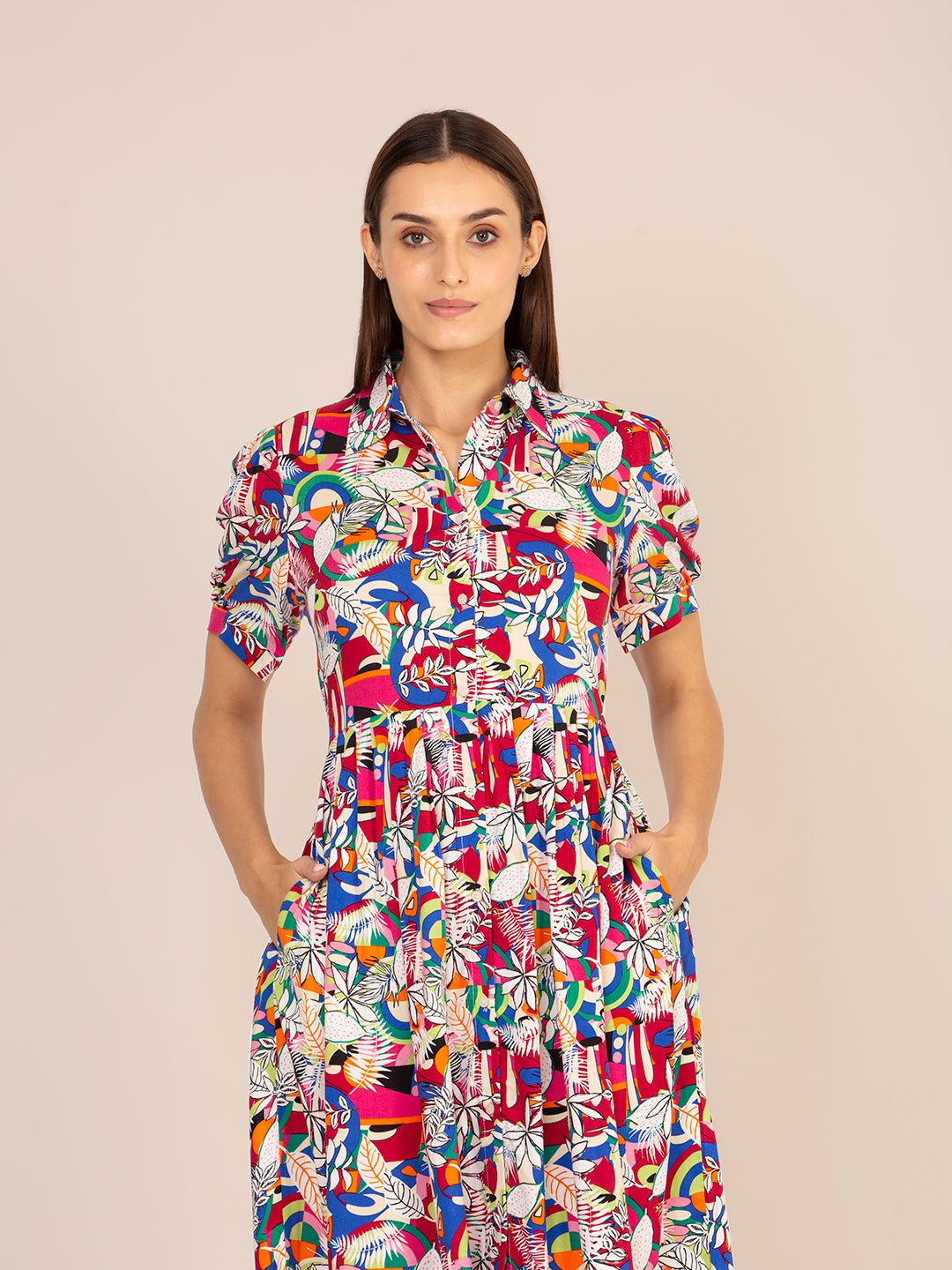 RAYON PRINTED PUFF SLEEVE A LINE SHIRT DRESS