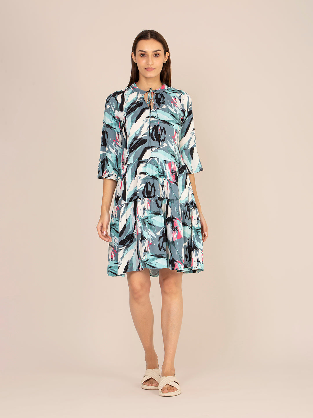 RAYON PRINTED FIT & FLARE V NECK STRING MIDI DRESS