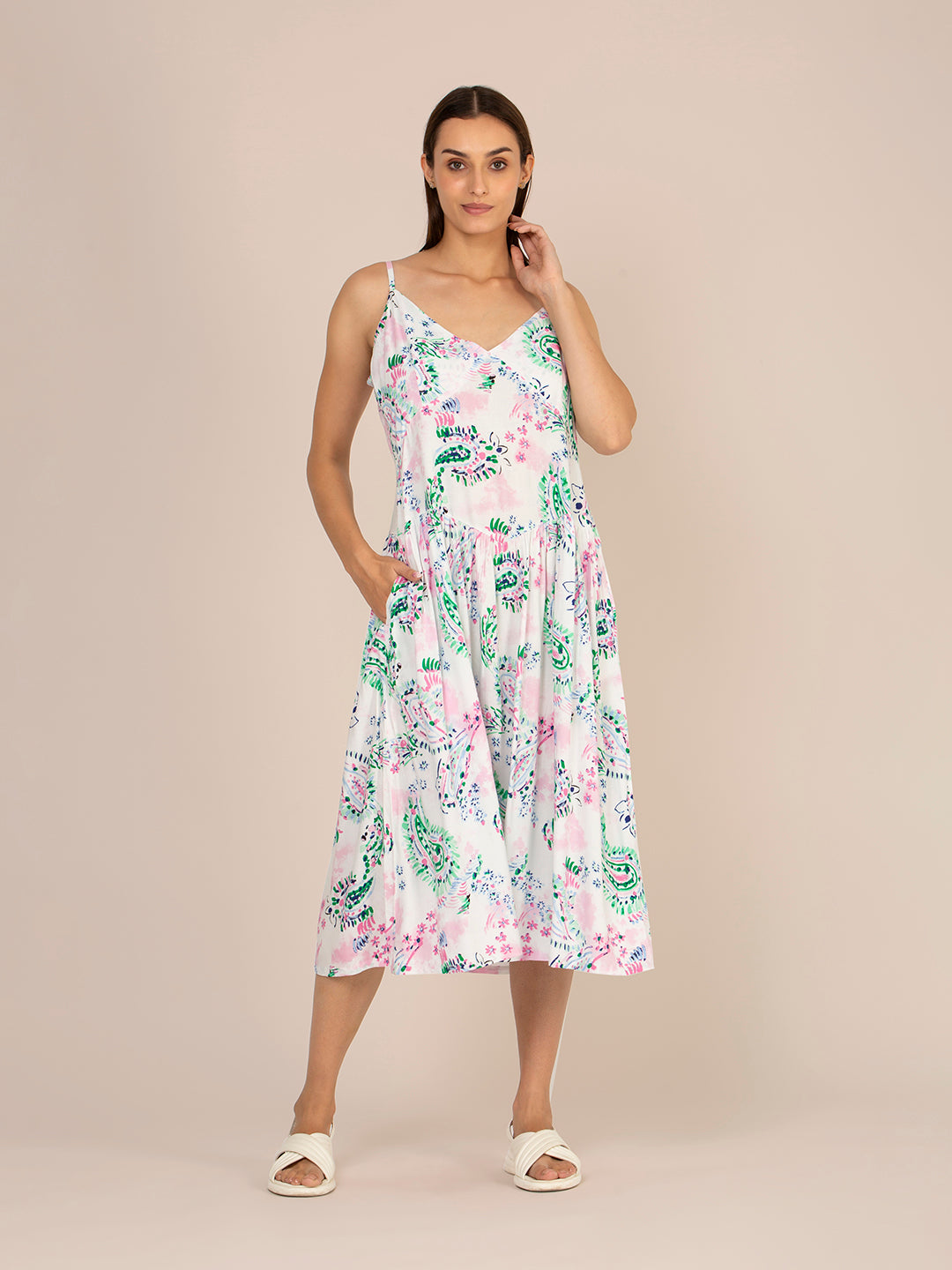 RAYON PRINTED FIT & FLARE V NECK SHOULDER STRAP MAXI DRESS