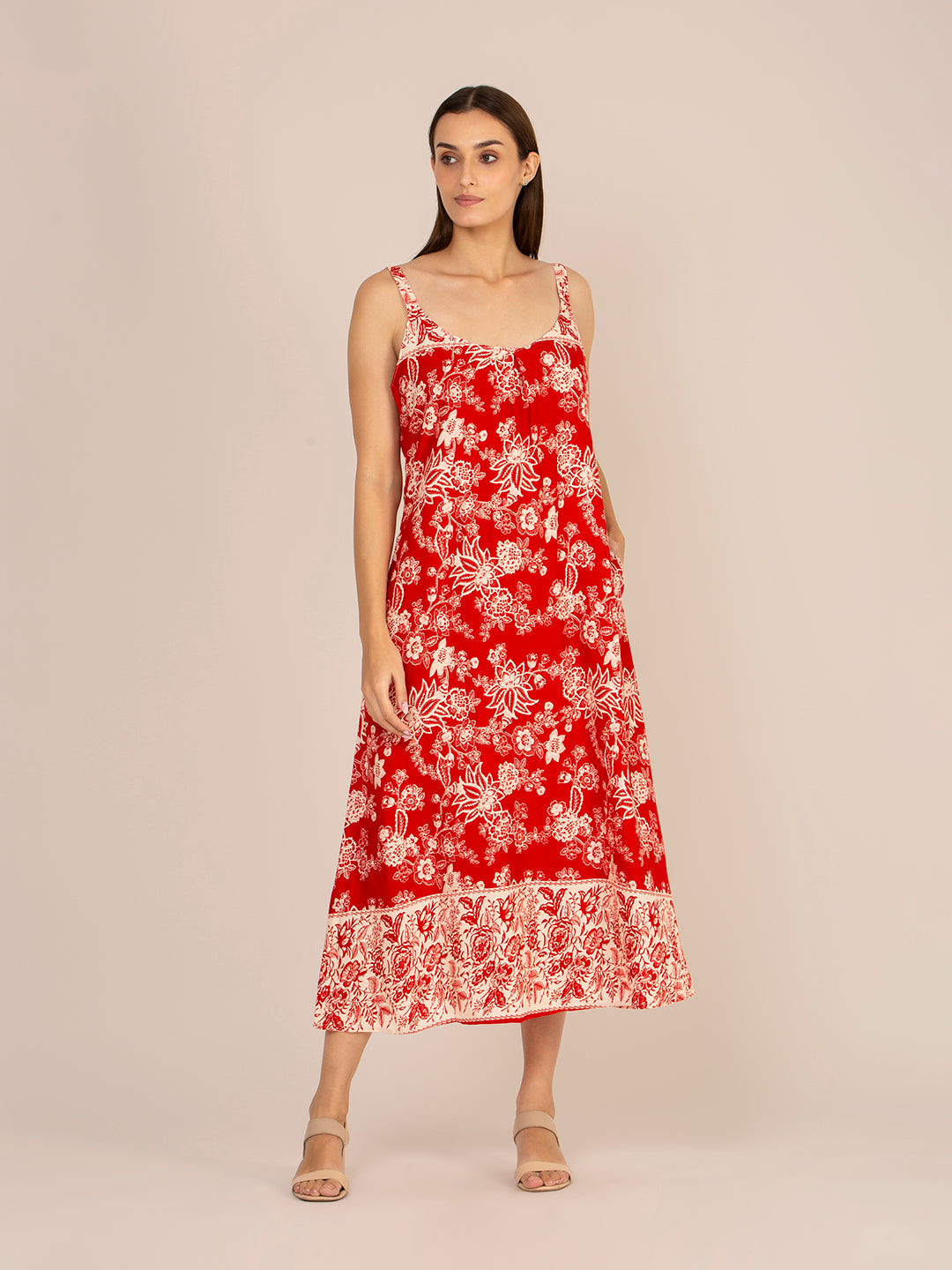 RAYON PRINTED V NECK SHOULDER STRAP MAXI DRESS