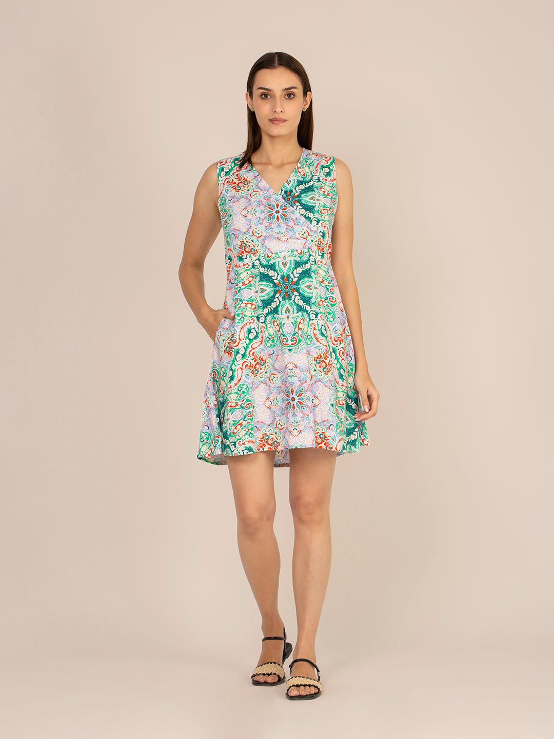 RAYON PRINTED FIT & FLARE A LINE MIDI DRESS