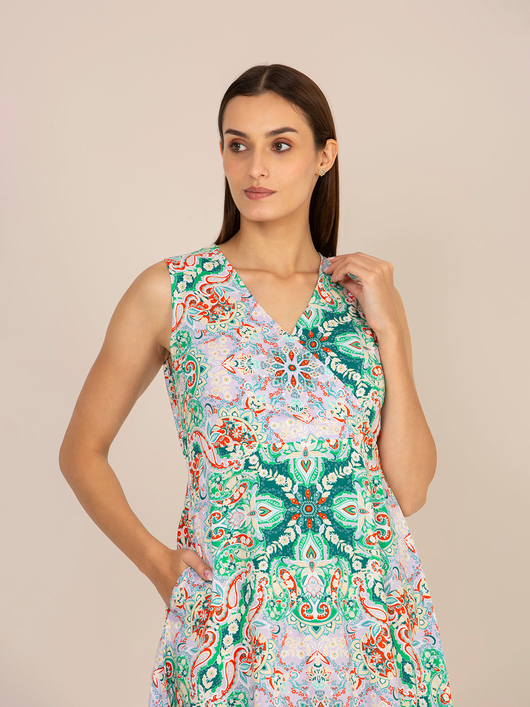 RAYON PRINTED FIT & FLARE A LINE MIDI DRESS