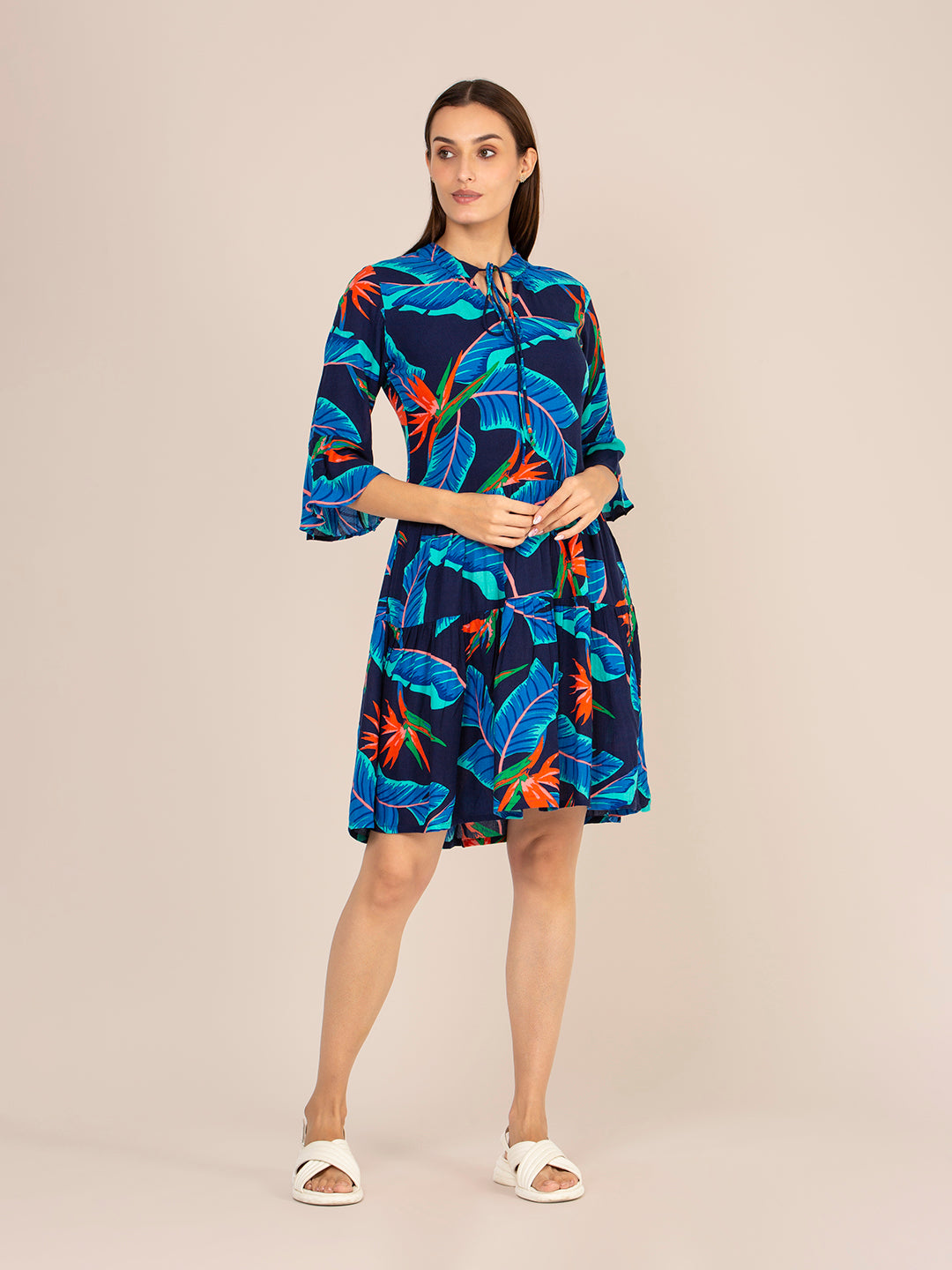 RAYON PRINTED FIT & FLARE V NECK STRING MIDI DRESS