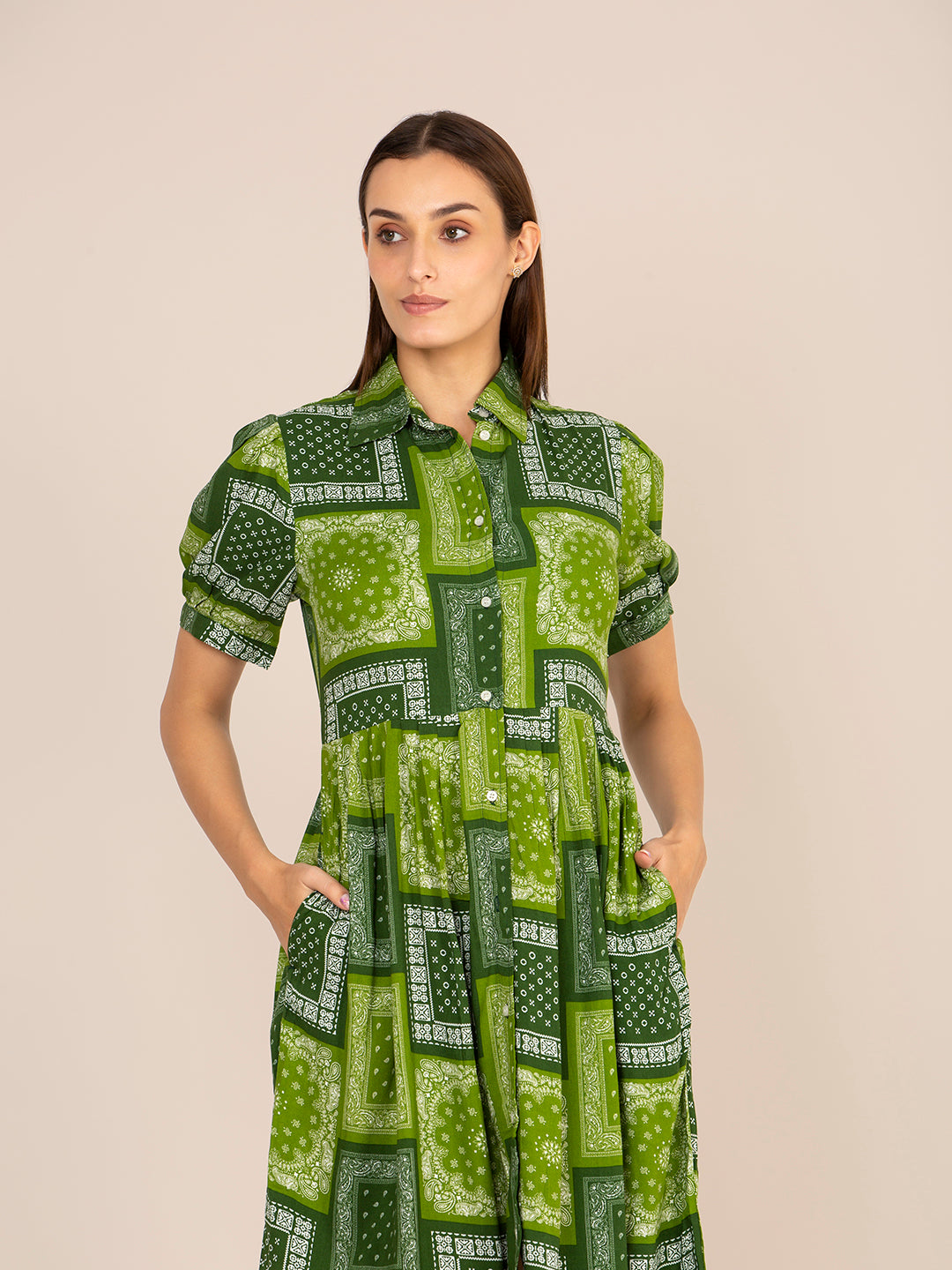 RAYON PRINTED PUFF SLEEVE A LINE SHIRT DRESS