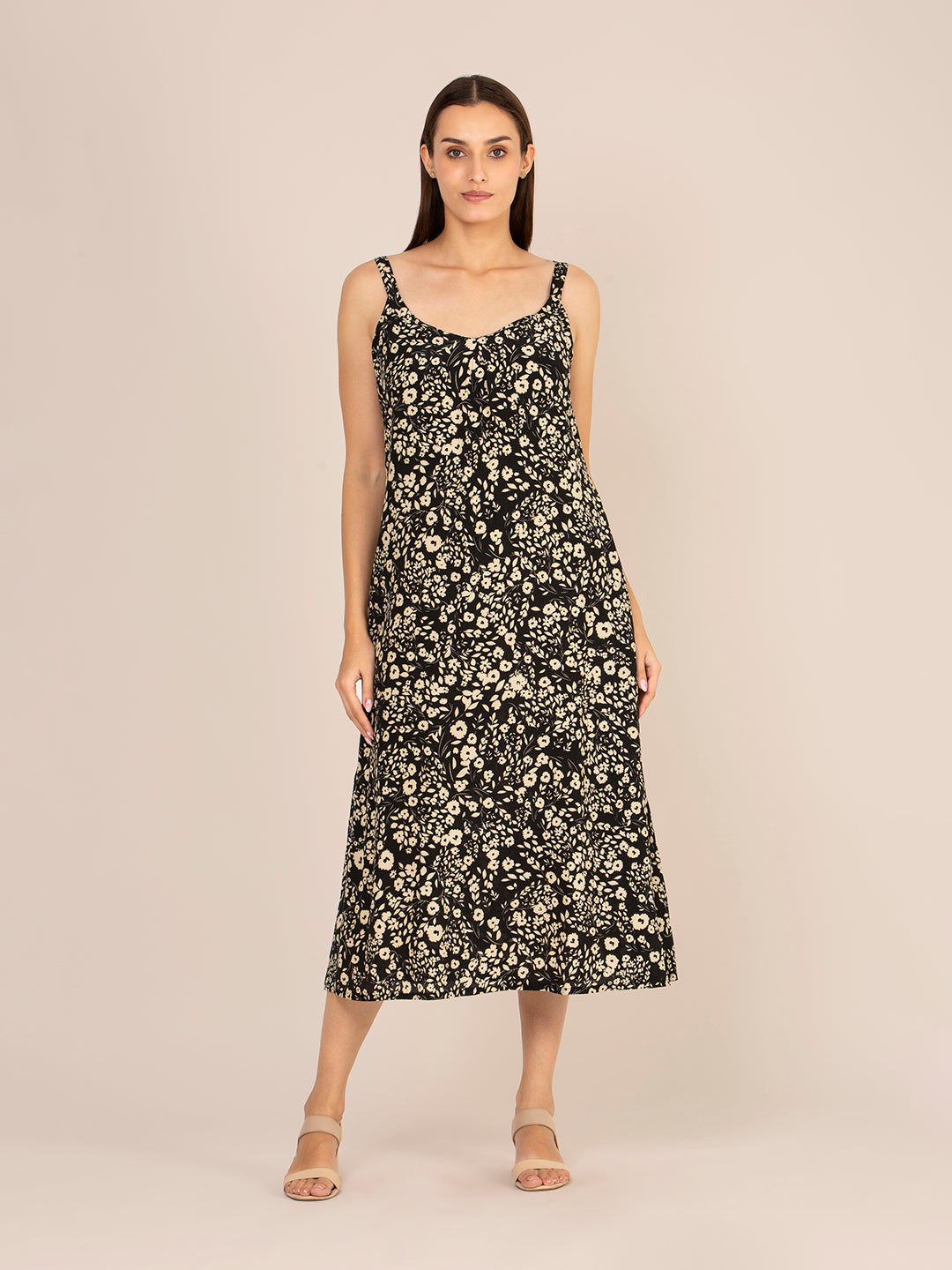 RAYON PRINTED V NECK SHOULDER STRAP MAXI DRESS