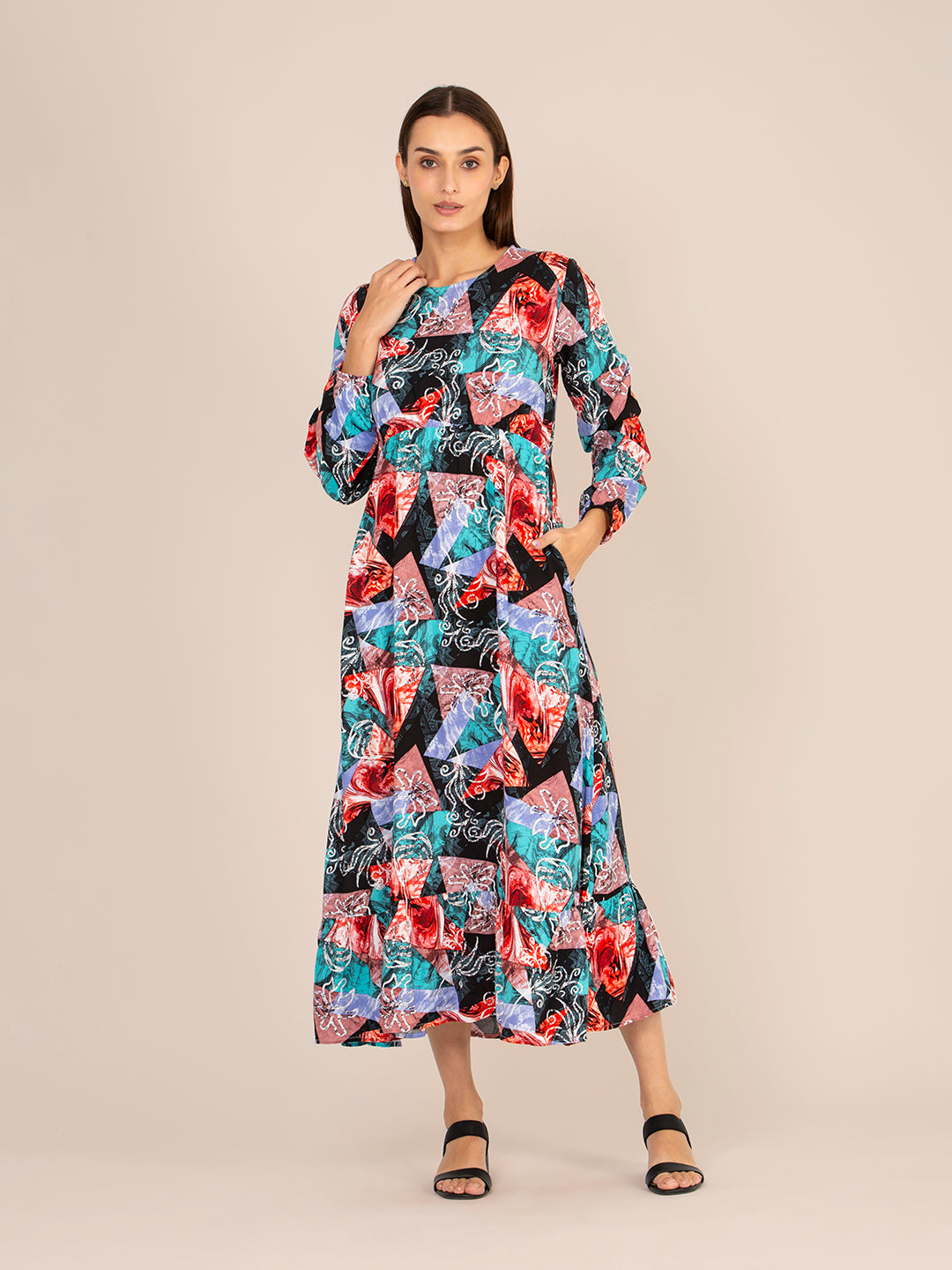 RAYON PRINTED FULL SLEEVE MAXI DRESS