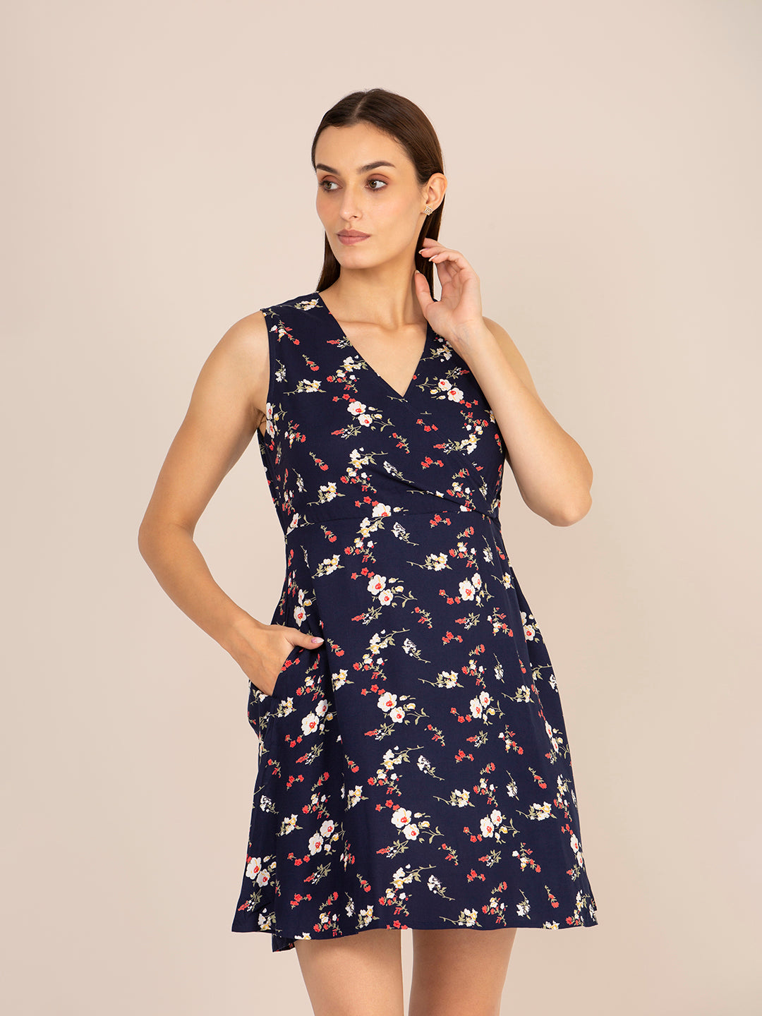 RAYON PRINTED FIT & FLARE A LINE MIDI DRESS