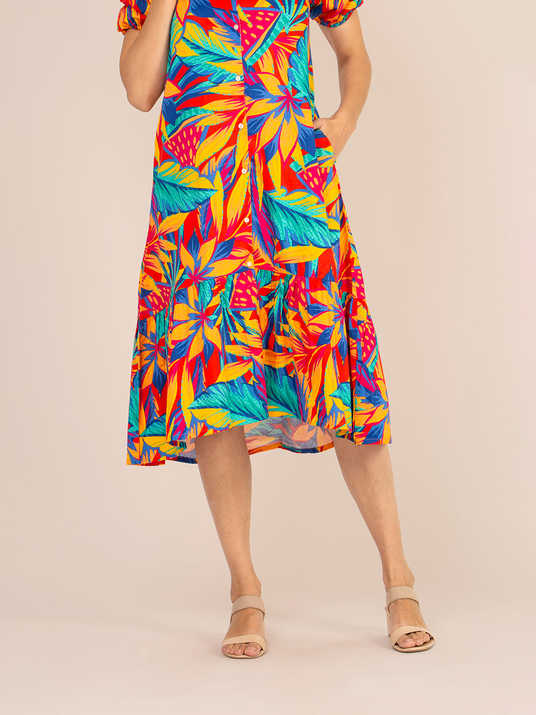 RAYON PRINTED PUFF SLEEVE A LINE FRONT BUTTON MAXI DRESS