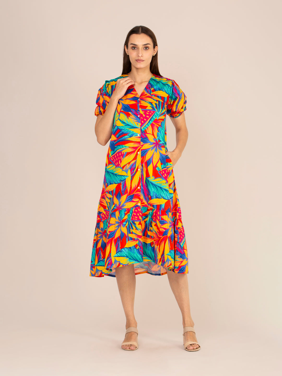 RAYON PRINTED PUFF SLEEVE A LINE FRONT BUTTON MAXI DRESS