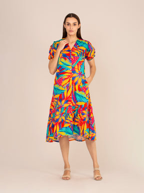 RAYON PRINTED PUFF SLEEVE A LINE FRONT BUTTON MAXI DRESS