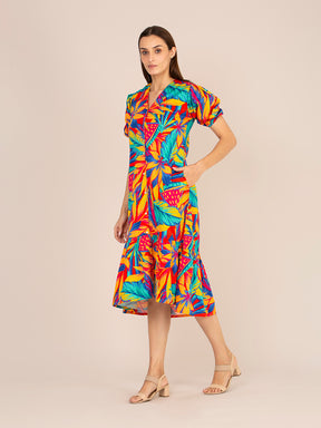 RAYON PRINTED PUFF SLEEVE A LINE FRONT BUTTON MAXI DRESS