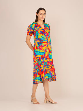 RAYON PRINTED PUFF SLEEVE A LINE FRONT BUTTON MAXI DRESS