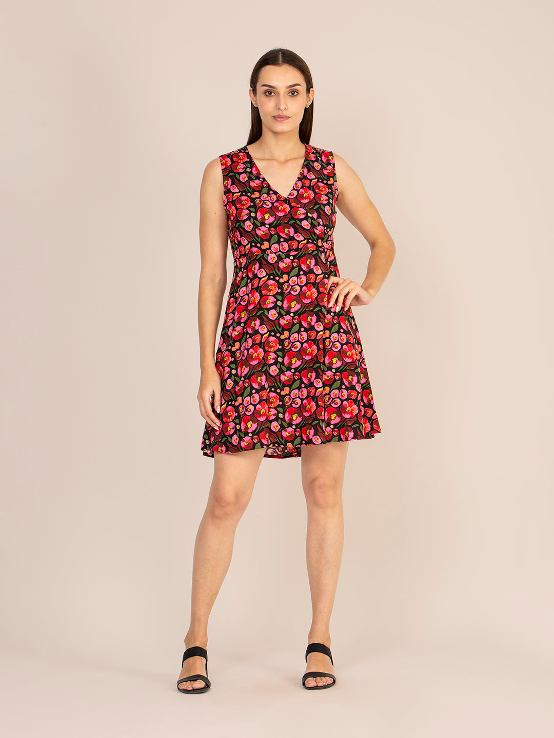 RAYON PRINTED FIT & FLARE A LINE MIDI DRESS