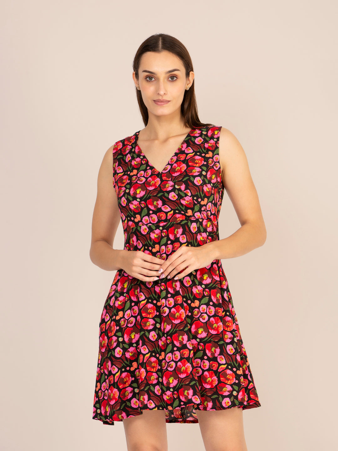 RAYON PRINTED FIT & FLARE A LINE MIDI DRESS