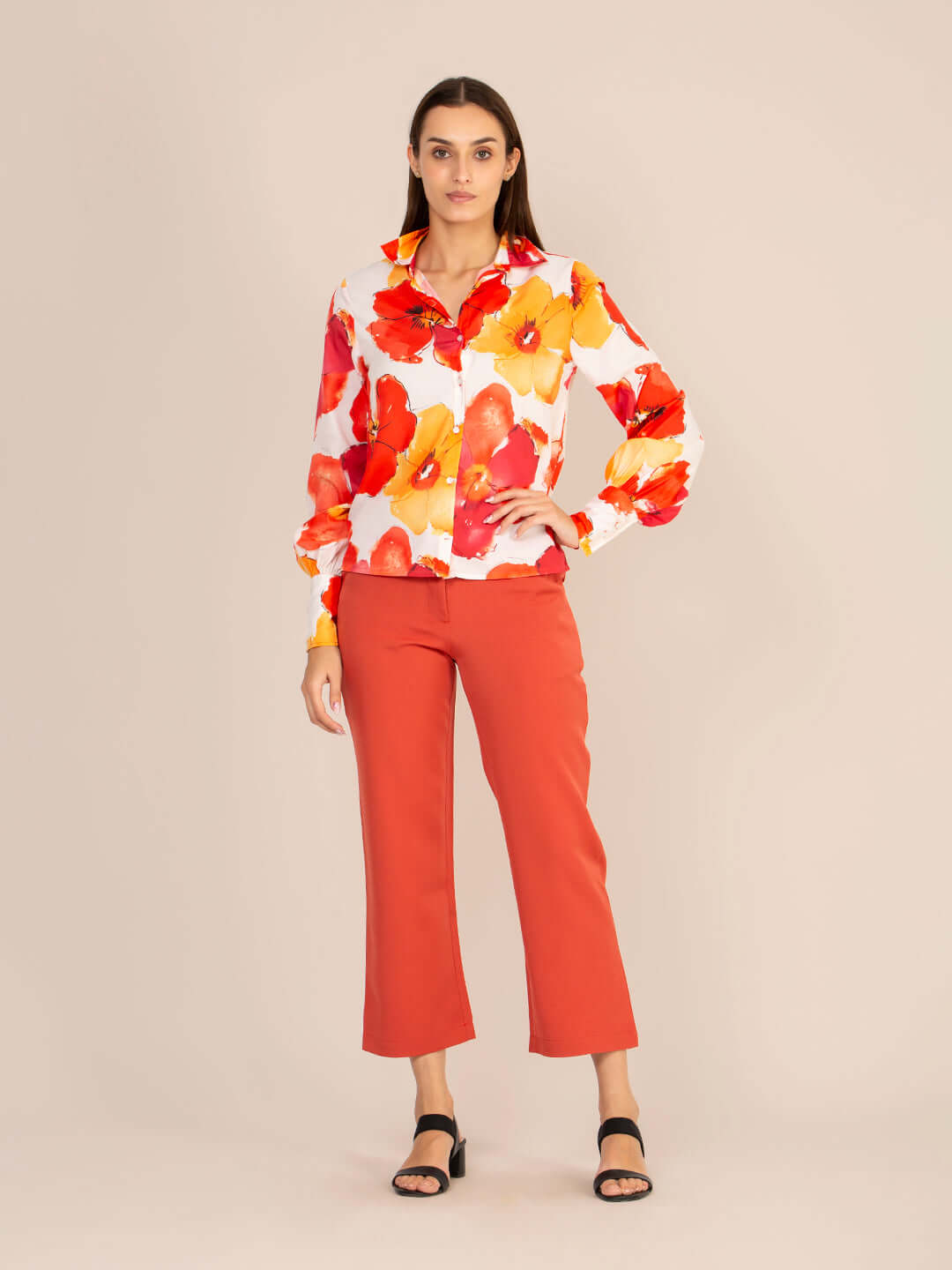 Women'S Premium Multi Digital Print Shirt With Rust Red Straight Fit Trouser