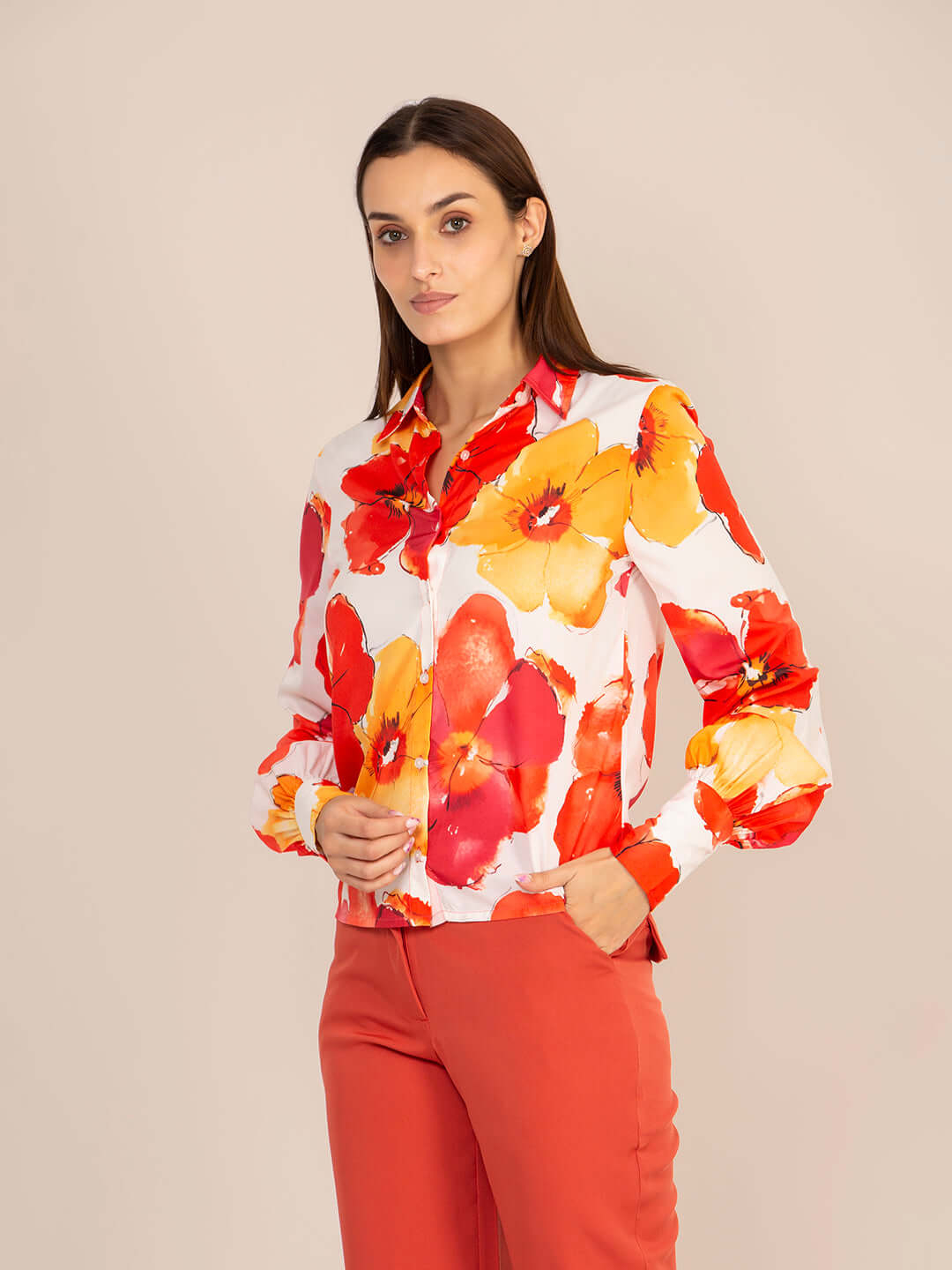 Women'S Premium Multi Digital Print Shirt With Rust Red Straight Fit Trouser