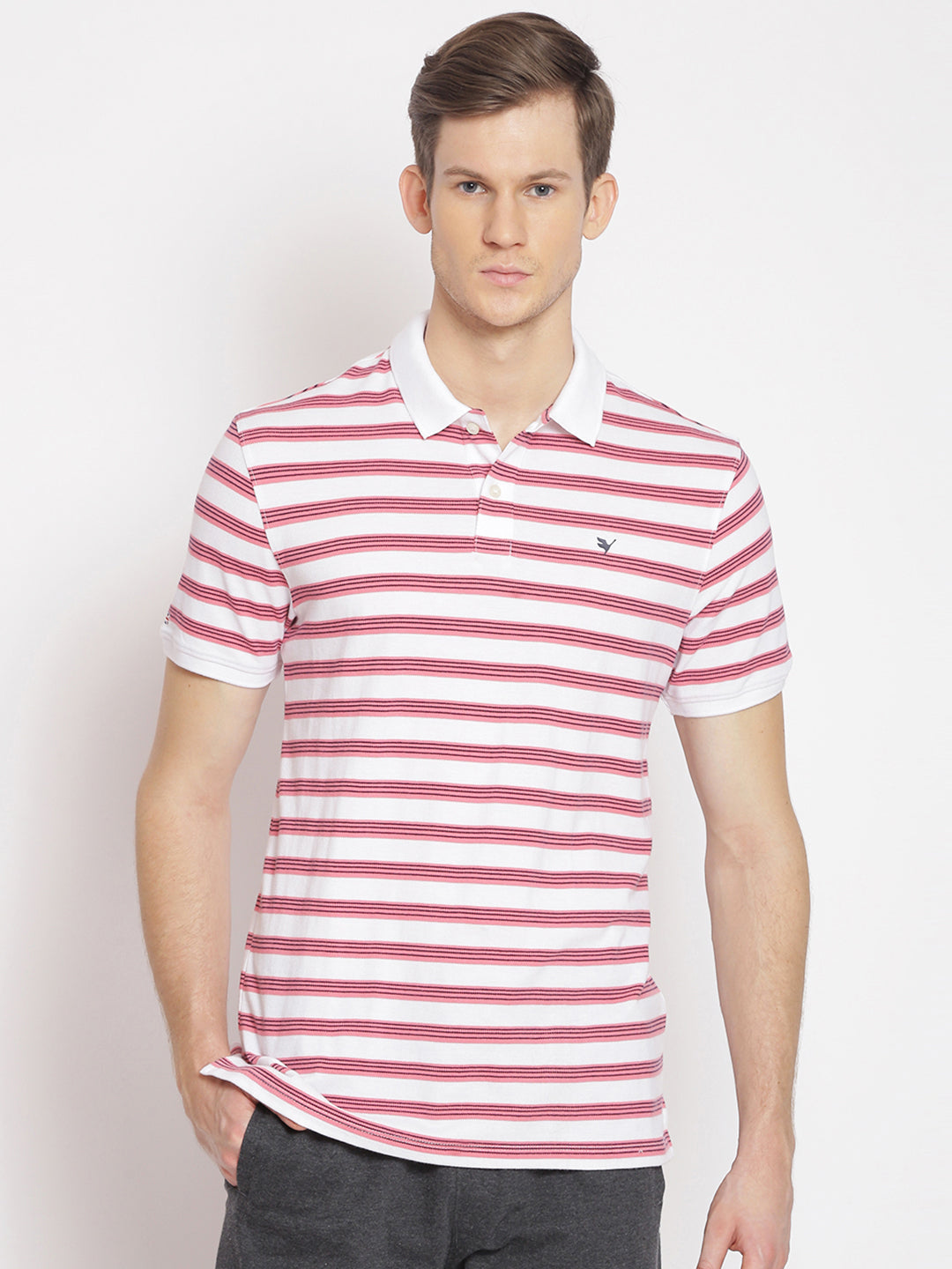Men's Pink Striped Half Sleeve Polo