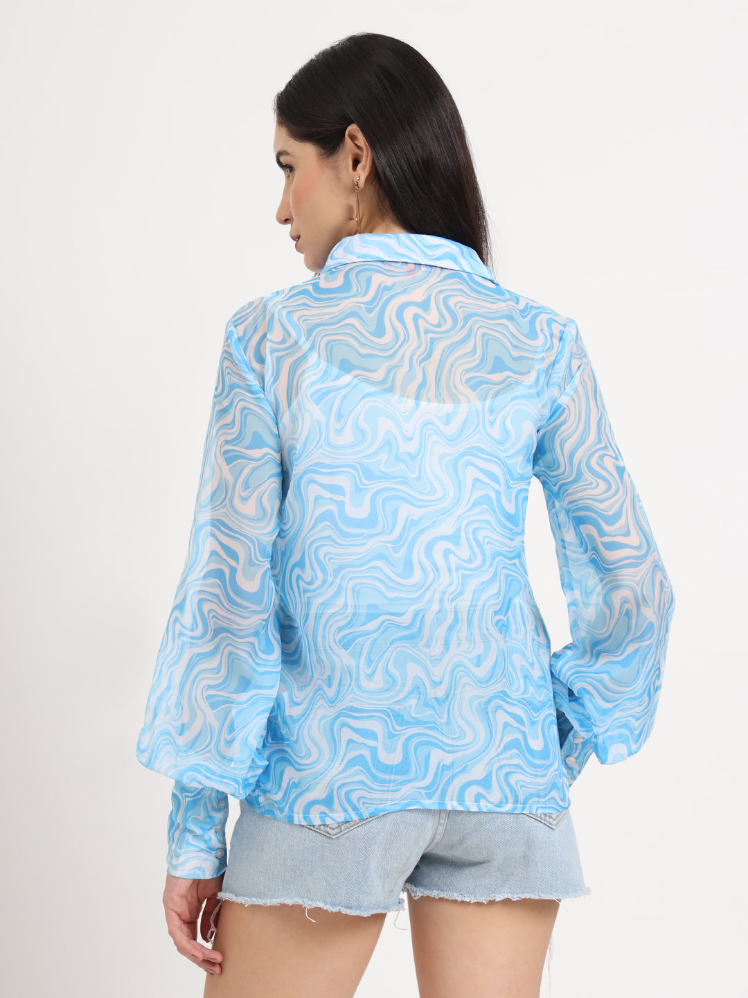 Women'S Premium Organza Blue And White Regular Length Straight Hem Digital Print Shirt