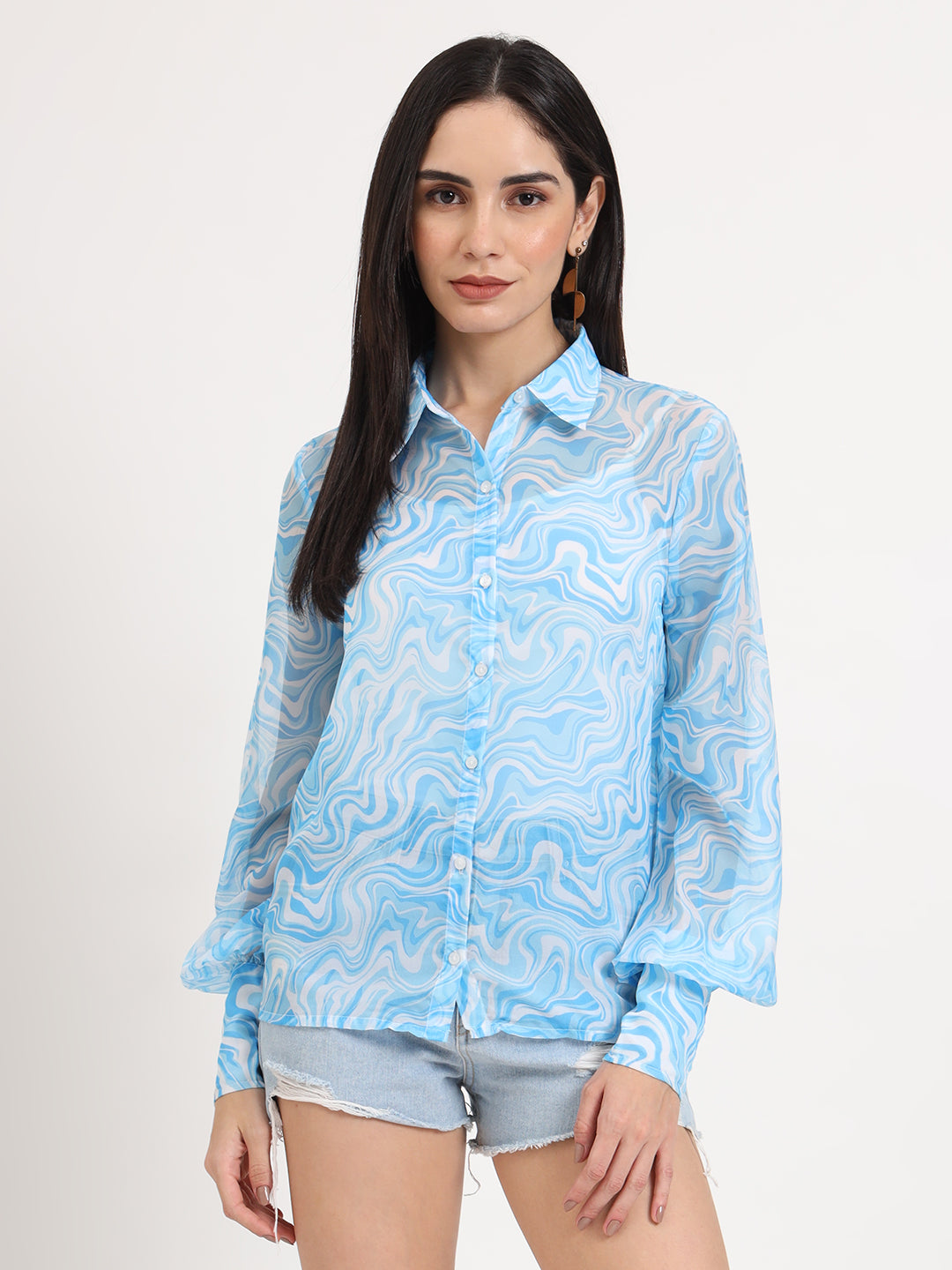 Women's Premium Organza Blue And White Regular Length Straight Hem Digital Print Shirt