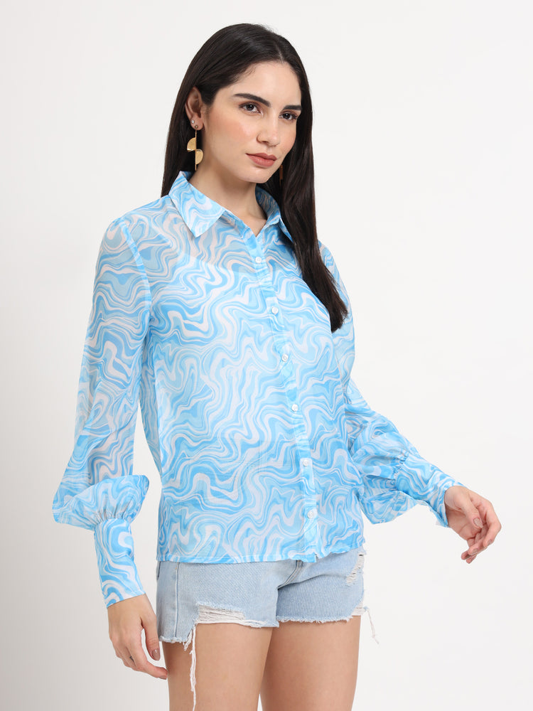 Women'S Premium Organza Blue And White Regular Length Straight Hem Digital Print Shirt
