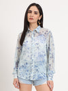 Women's Premium Chiffon Blue And White Regular Length Straight Hem Digital Print Shirt