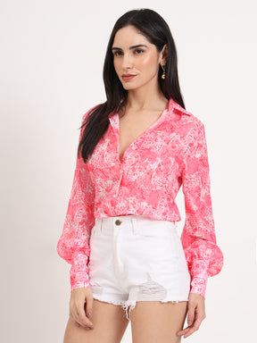 Women's Premium Muslin Pink Regular Length Straight Hem Digital Print Shirt