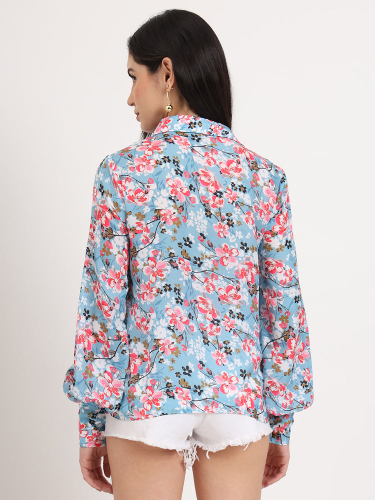 Women'S Luxury Satin Multicolour Regular Length Straight Hem Digital Print Shirt