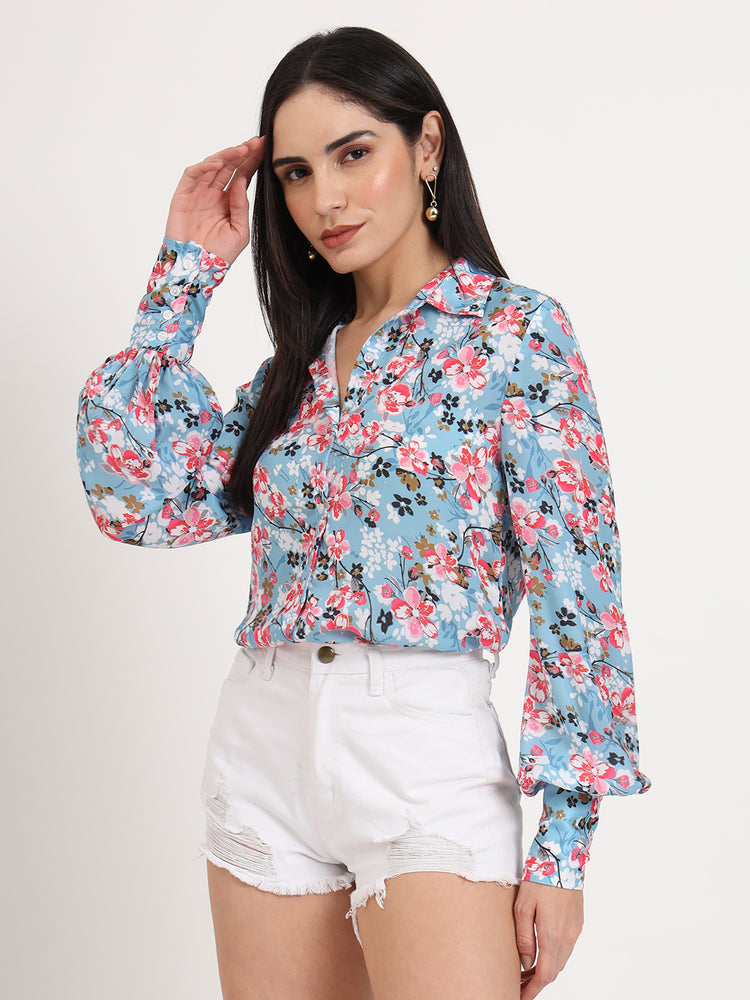 Women'S Luxury Satin Multicolour Regular Length Straight Hem Digital Print Shirt